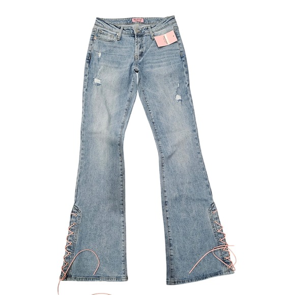 Juicy Couture Low Rise Malibu Light Wash Flare Jeans Pink Lace Up Sz 25 - Picture 1 of 7